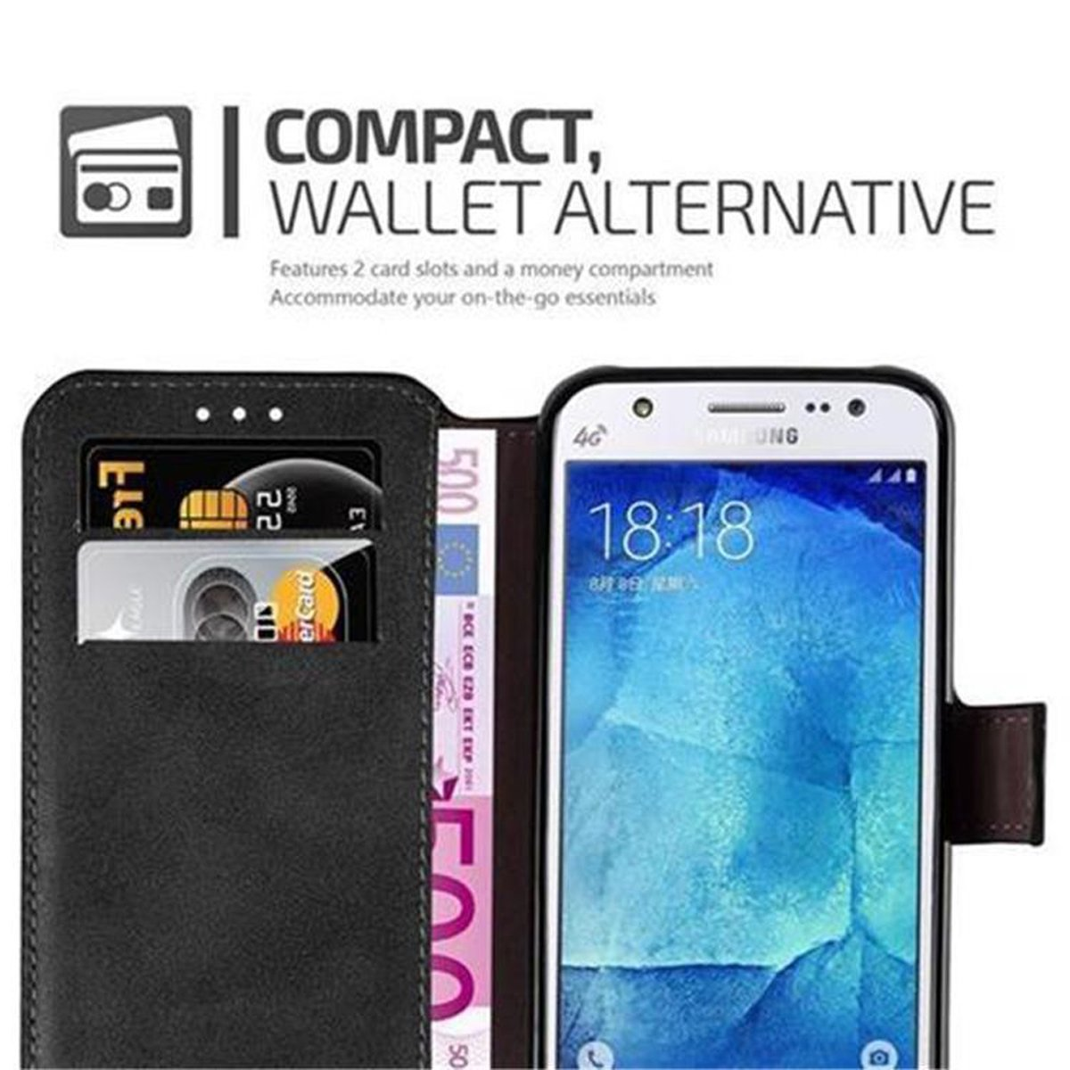 Funda de billetera negra con un teléfono dentro. Muestra la hora y la fecha. Tarjetas y dinero visibles.