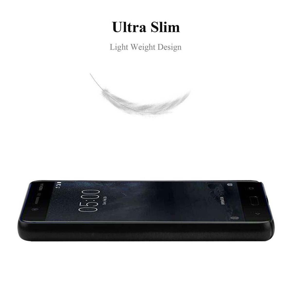 Telefono Nokia nero su sfondo bianco, con una piuma sopra. L'ora è sullo schermo.
