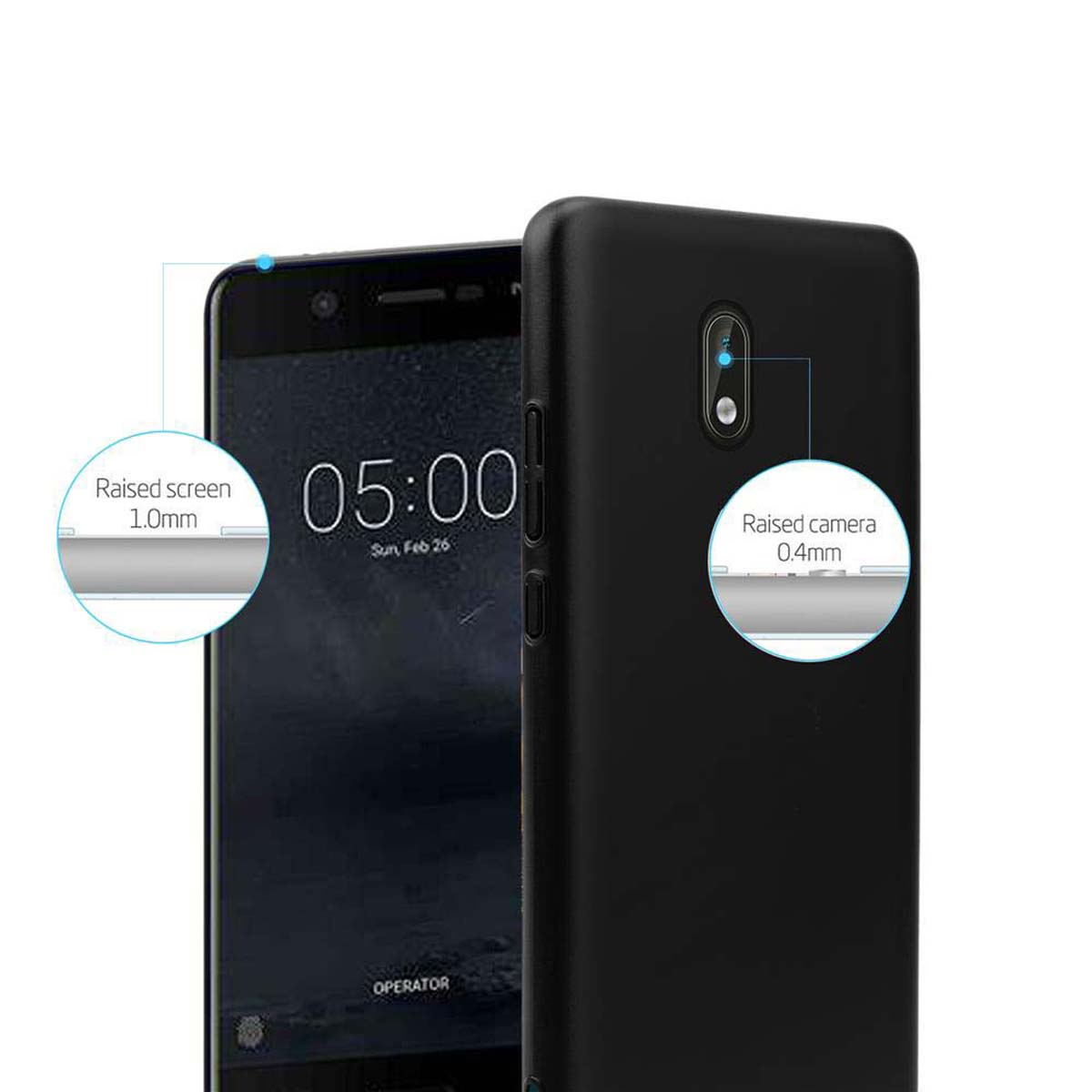 Telefono nero con custodia nera. Vengono mostrati i dettagli dello schermo e della fotocamera rialzati.