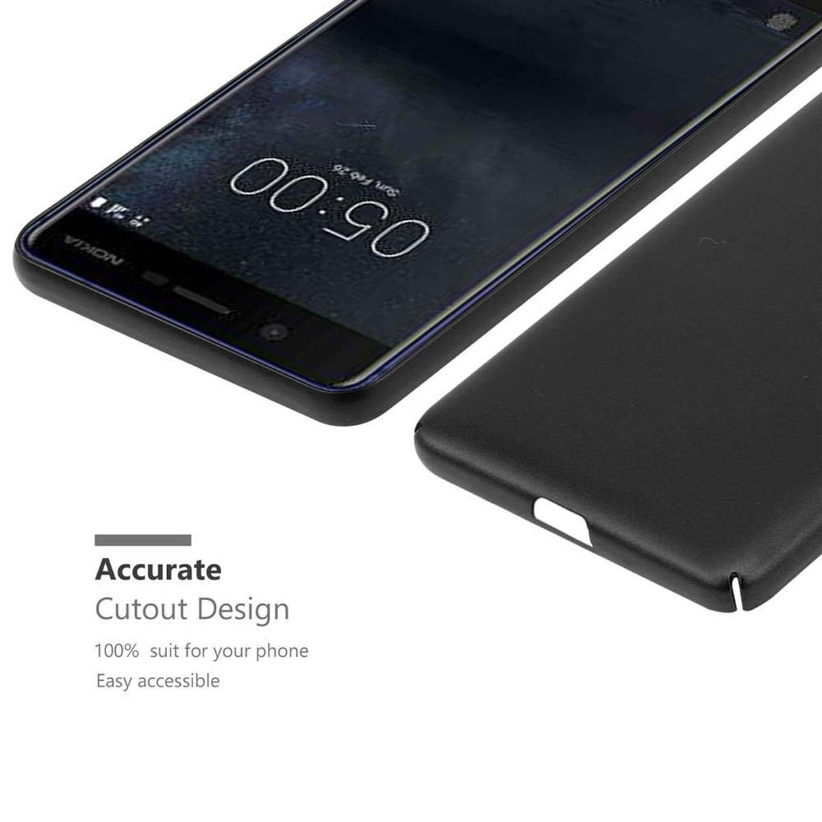 Telefono e custodia neri con ora visualizzata.