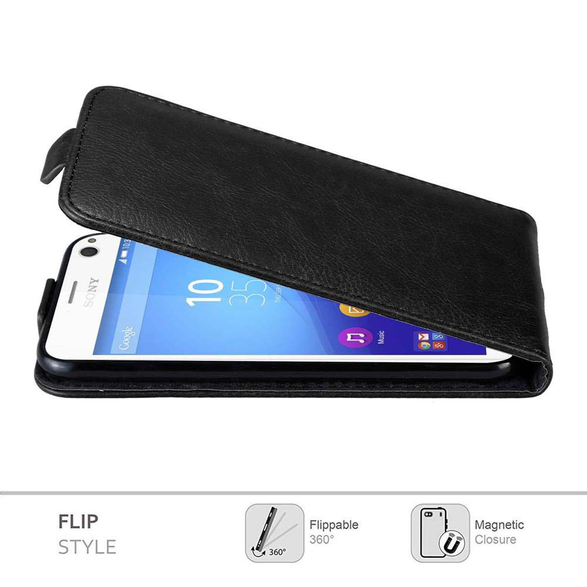 Schwarze Handyhülle im Klappstil. Das Telefon ist sichtbar. Die Hülle hat einen Magnetverschluss.