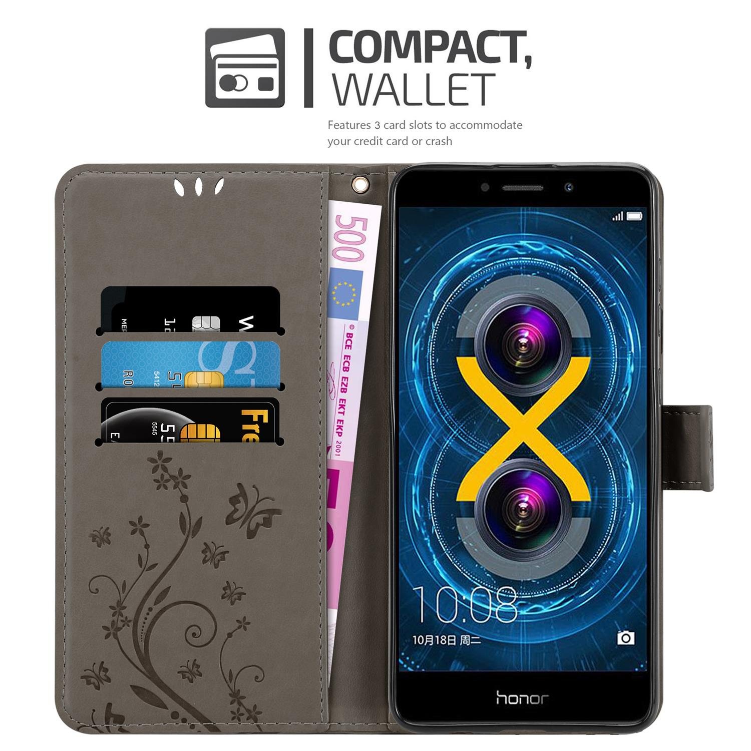 Custodia grigia con telefono aperta. Carte e denaro visibili. Portafoglio compatto.