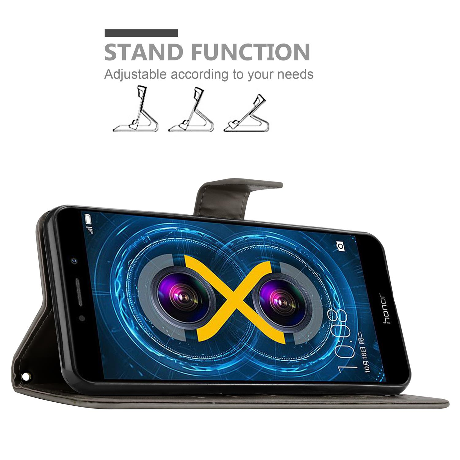 Un telefono in una custodia nera, funzione supporto. Lo schermo del telefono mostra un simbolo X giallo.