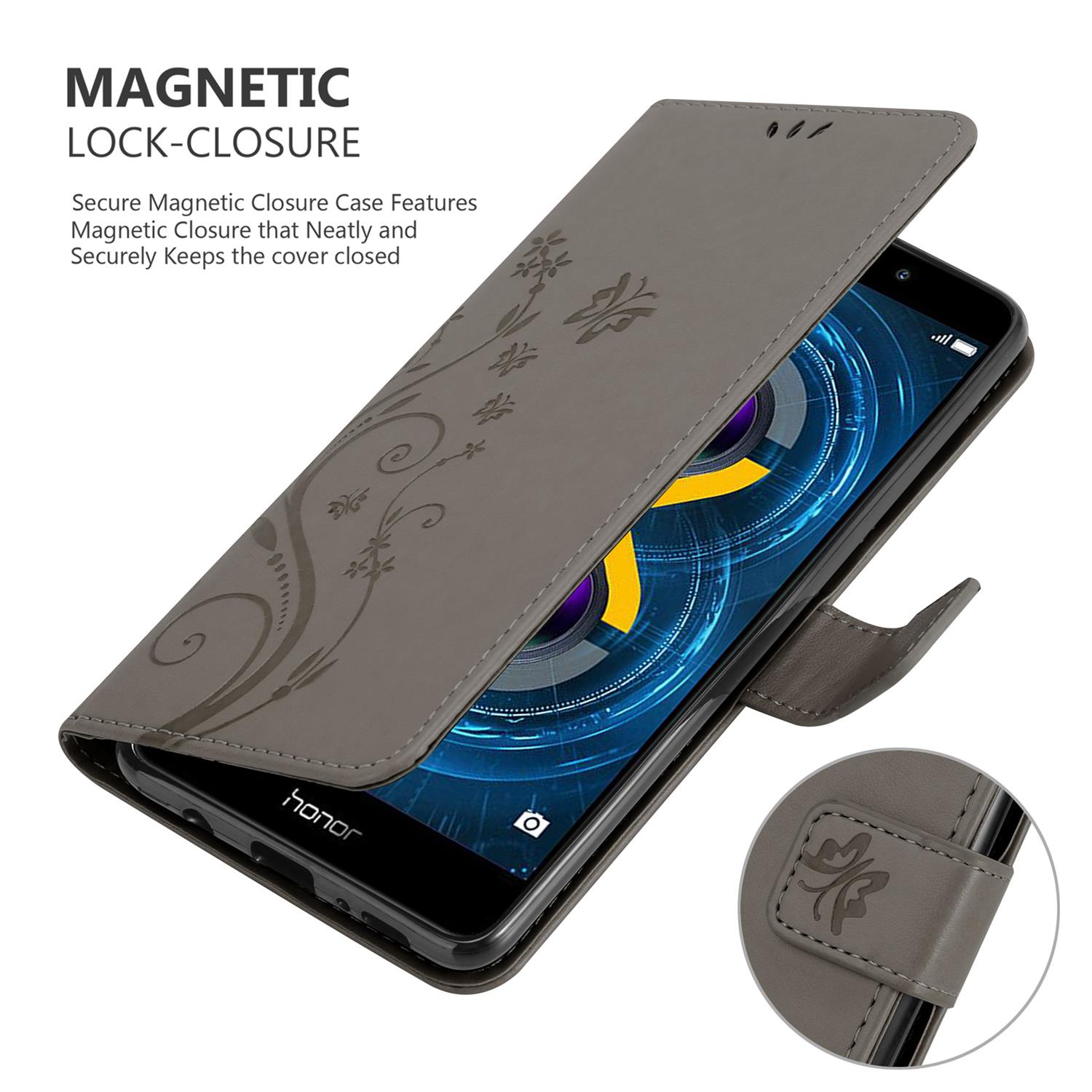 Custodia per telefono grigia con motivo floreale, aperta per rivelare un telefono. Chiusura magnetica evidenziata.