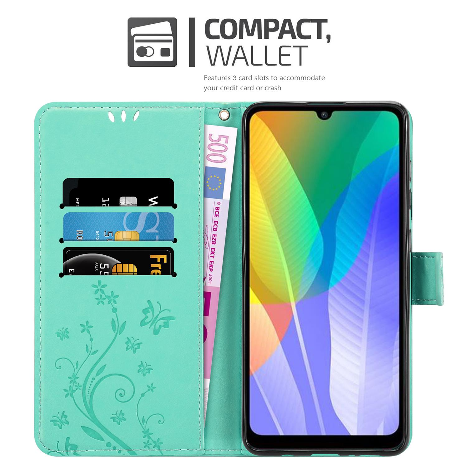 Custodia per telefono turchese aperta, che mostra carte, denaro e lo schermo del telefono con un'immagine colorata.