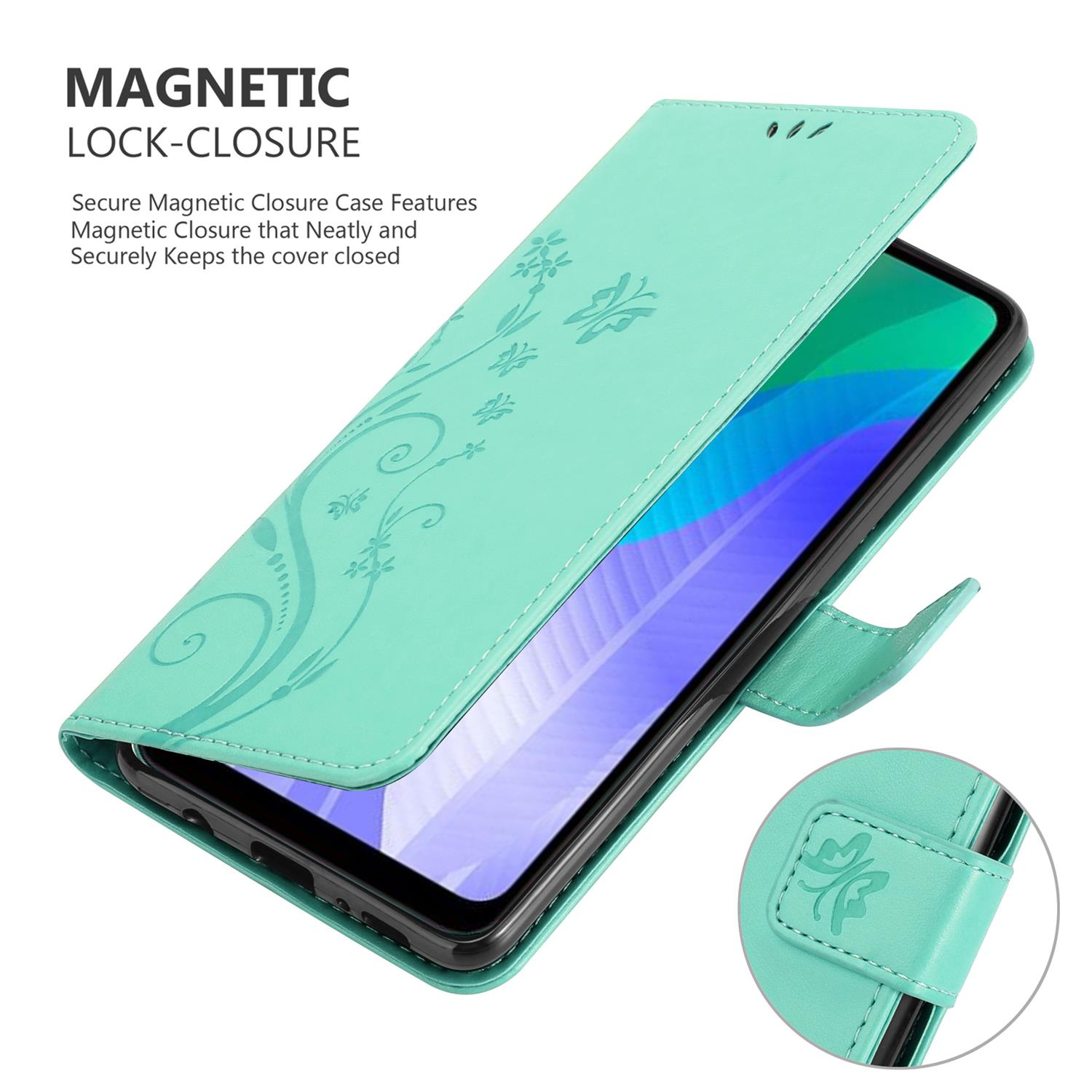 Custodia per telefono verde con design floreale. Il telefono è aperto, rivelando uno schermo.