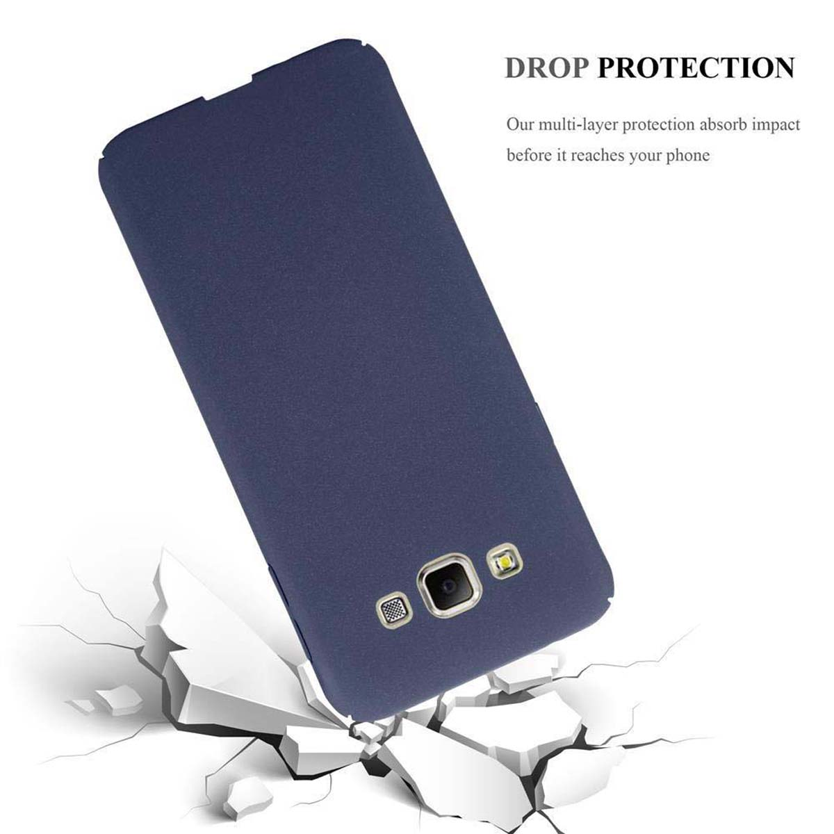 Custodia per telefono blu scuro su una superficie incrinata, con un design a forma di telefono e testo di protezione.