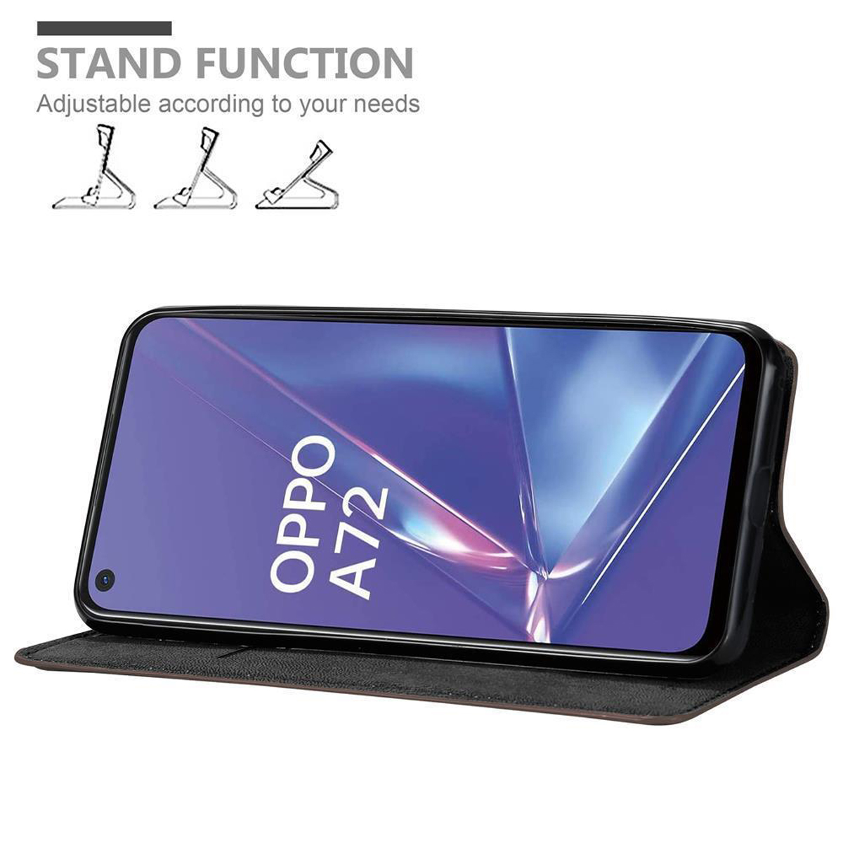 Un telefono in una custodia è inclinato, mostrando la funzione stand. Tre posizioni mostrate.
