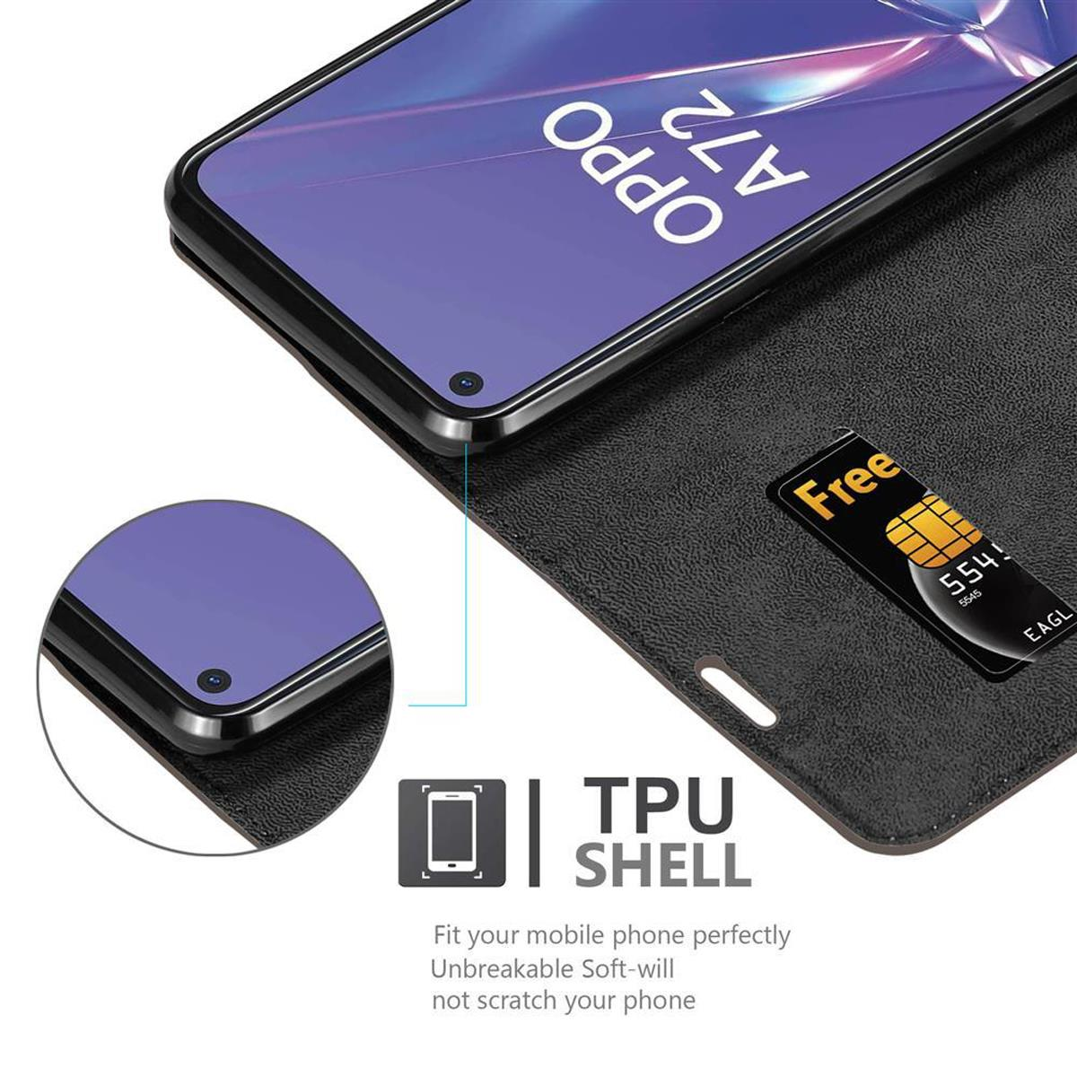 Custodia del telefono aperta, telefono e carta visibili. Materiale nero similpelle con telefono e carta.