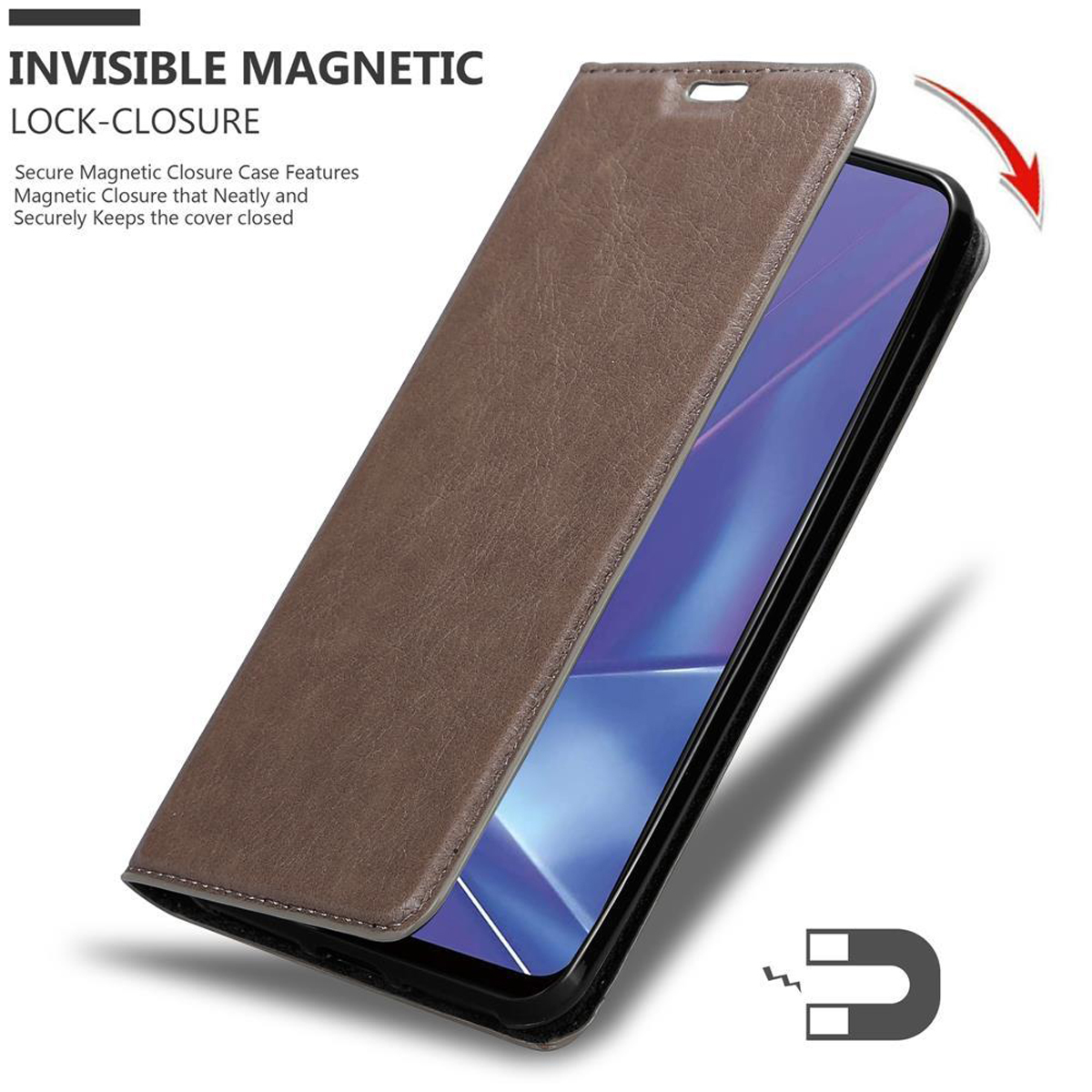 Custodia marrone per telefono, chiusa, con un telefono all'interno e una chiusura magnetica. Testo: 'Invisible Magnetic'.