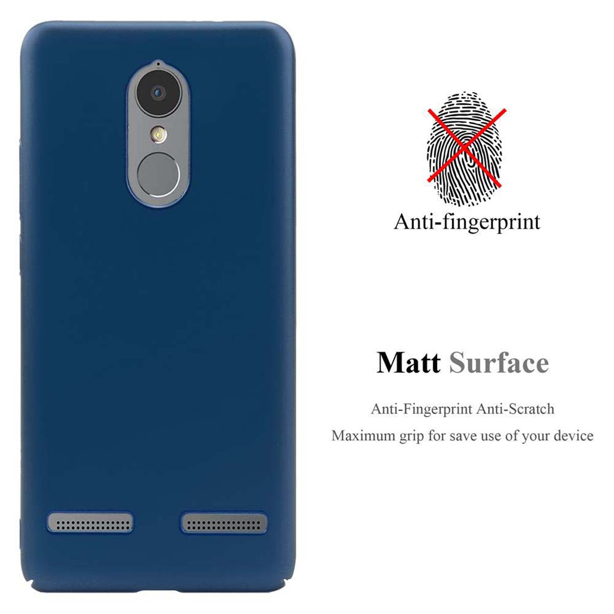 Blaue Handyhülle, Telefon links. Text: Anti-Fingerabdruck, Matte Oberfläche.
