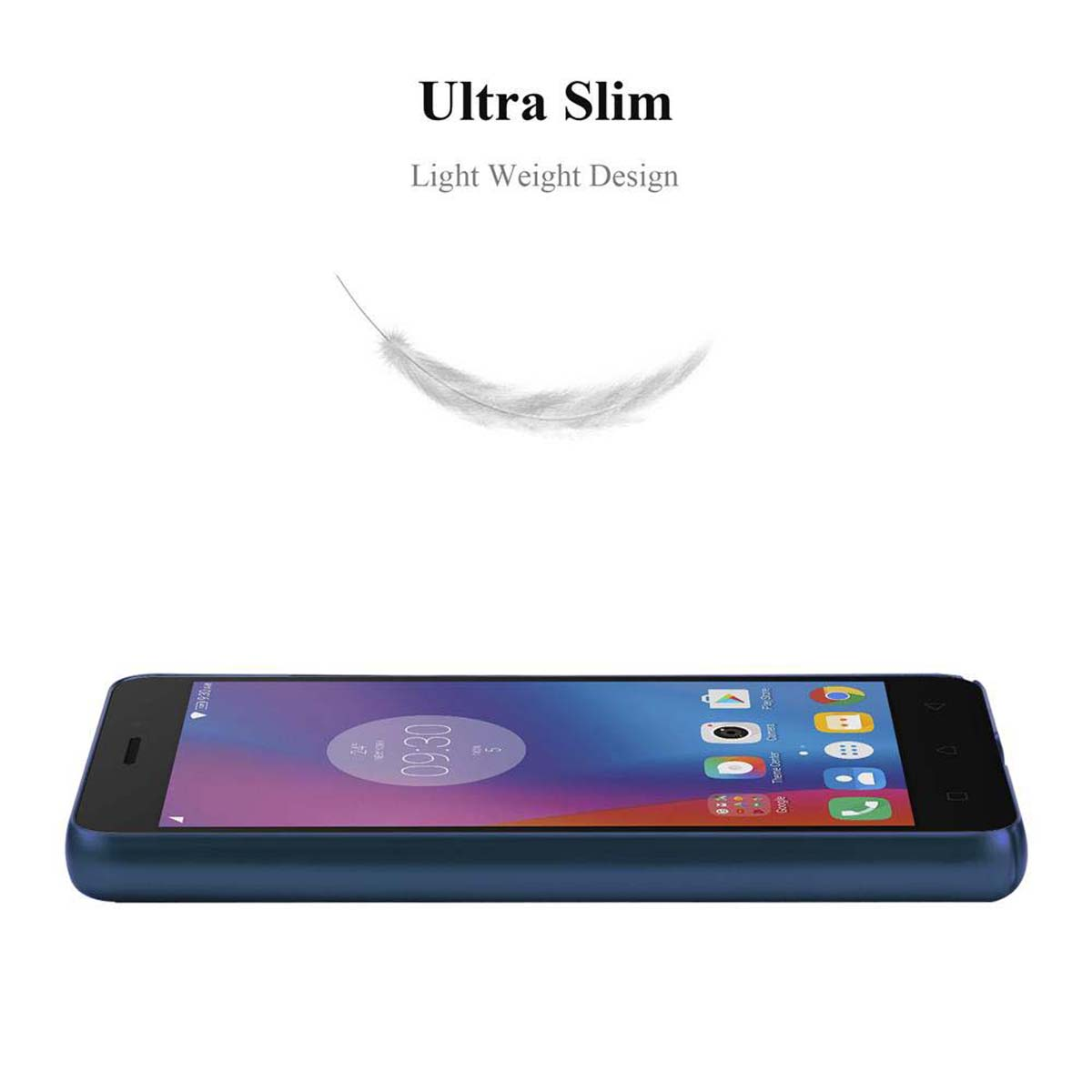 Ein blaues Smartphone liegt horizontal. Das Telefon hat einen dunklen Bildschirm und befindet sich in einer Hülle.