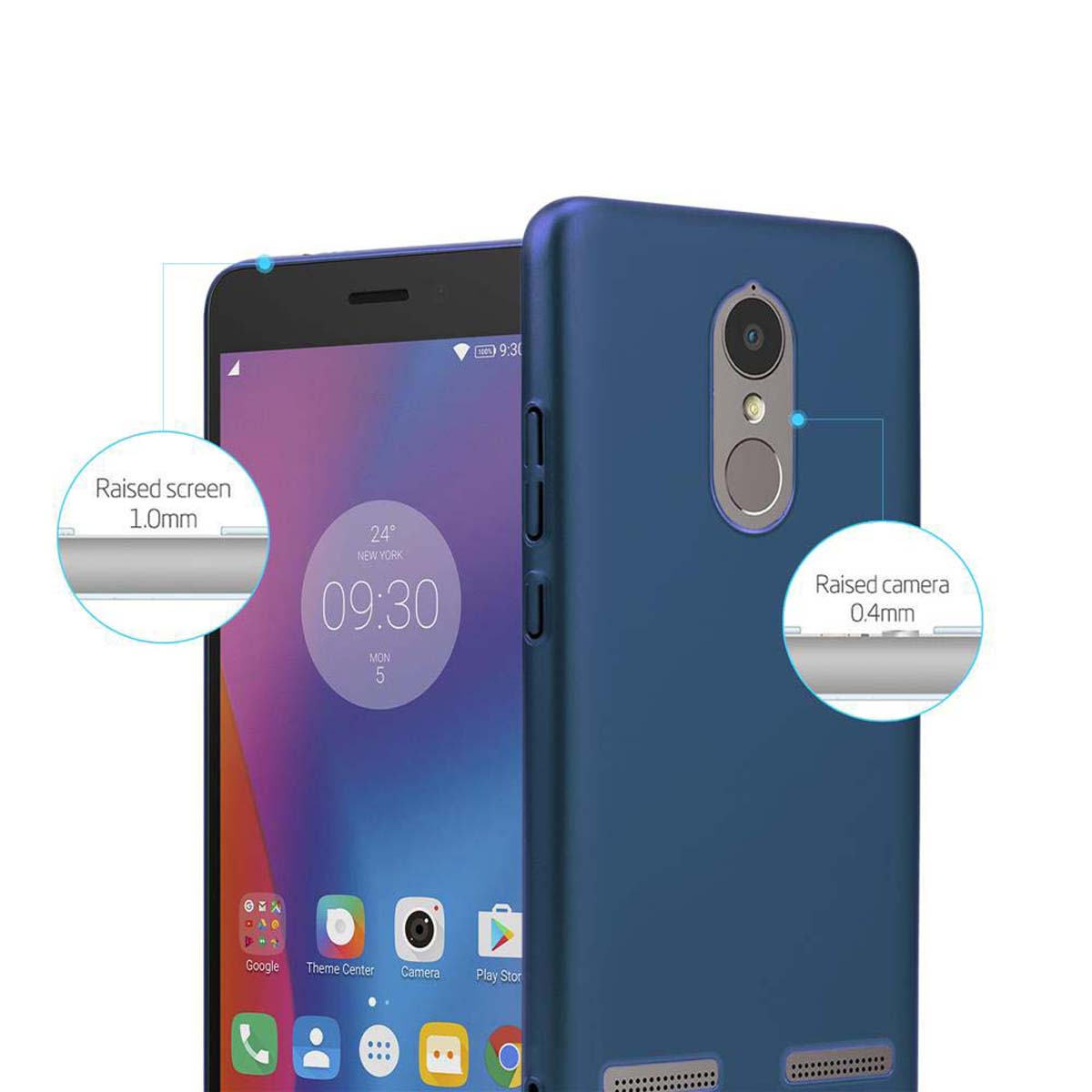 Blaue Handyhülle bedeckt ein schwarzes Telefon. Die Hülle schützt Bildschirm und Kamera.