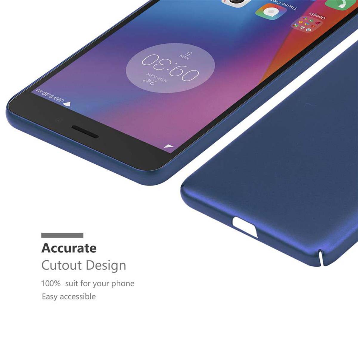 Blaue Handyhülle, Telefon zeigt Display, auf weißem Hintergrund.
