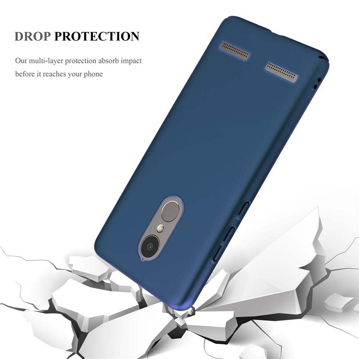 Blaue Handyhülle mit einem Telefon. Die Hülle liegt auf einer weißen Oberfläche. Text: Fallschutz.