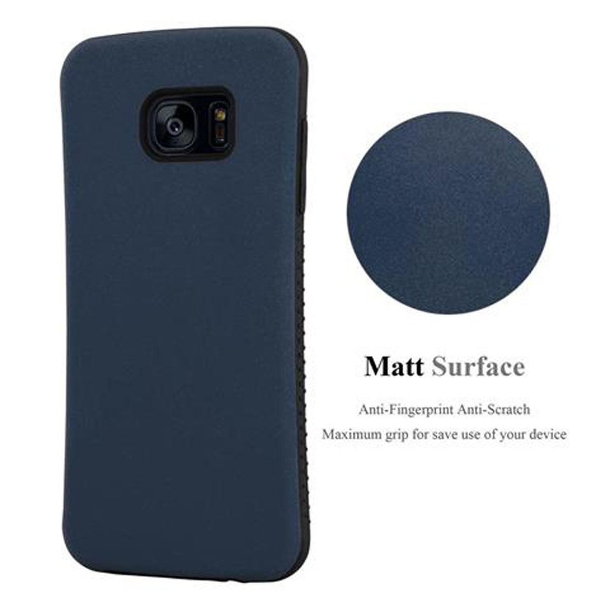 Custodia per telefono blu scuro. Il testo dice 'Matt Surface'. Un cerchio mostra la superficie.