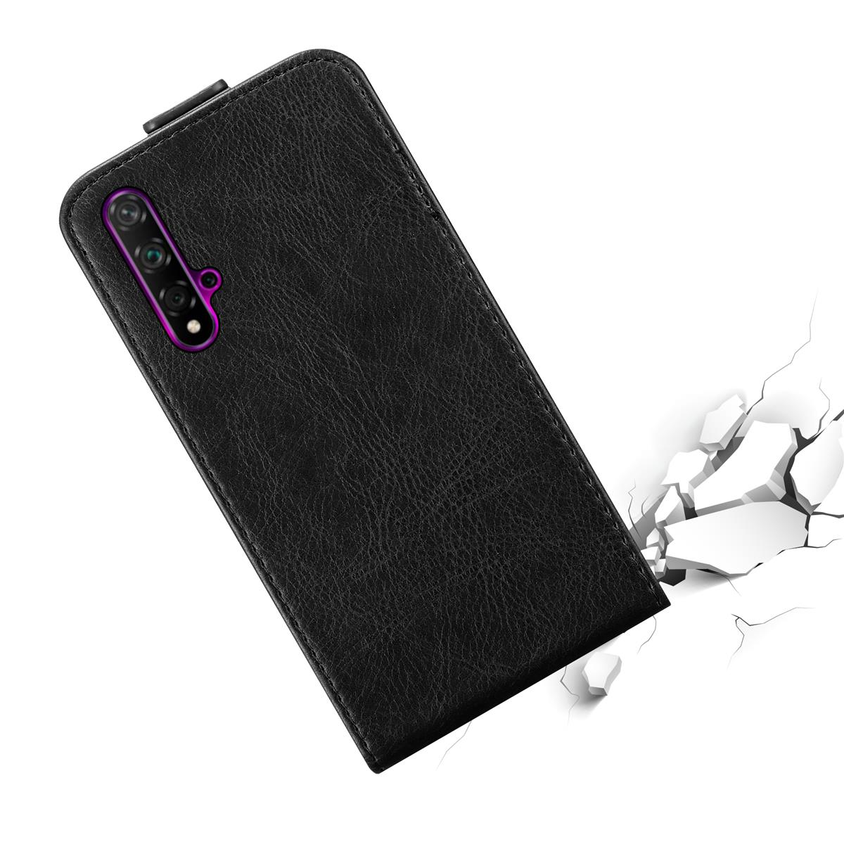 Schwarze Handyhülle, die auf zerbrochenen Beton fällt. Das Telefon ist abgewinkelt und die Hülle ist offen.