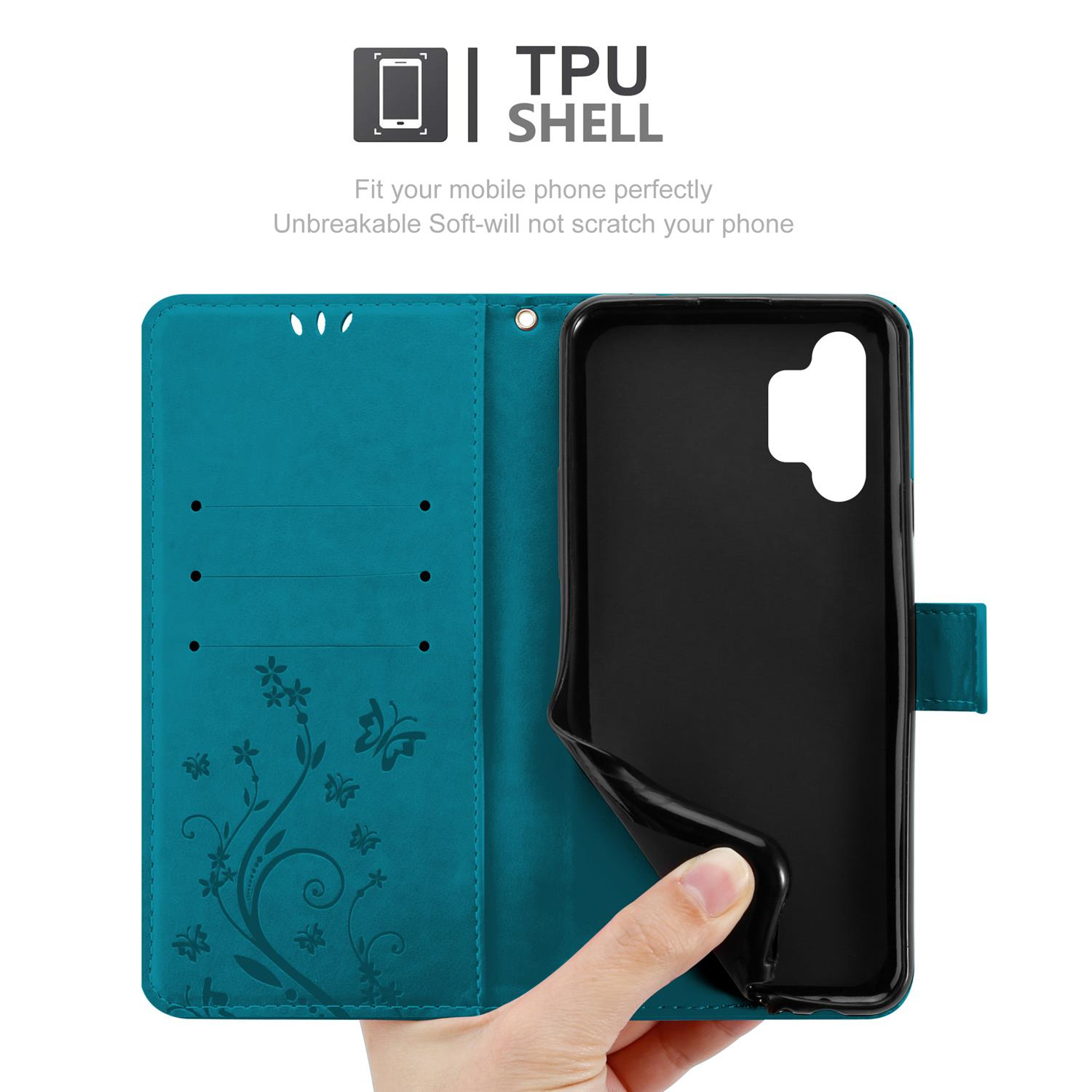 Custodia per telefono verde acqua aperta, che mostra il telefono all'interno e una mano che lo tiene.