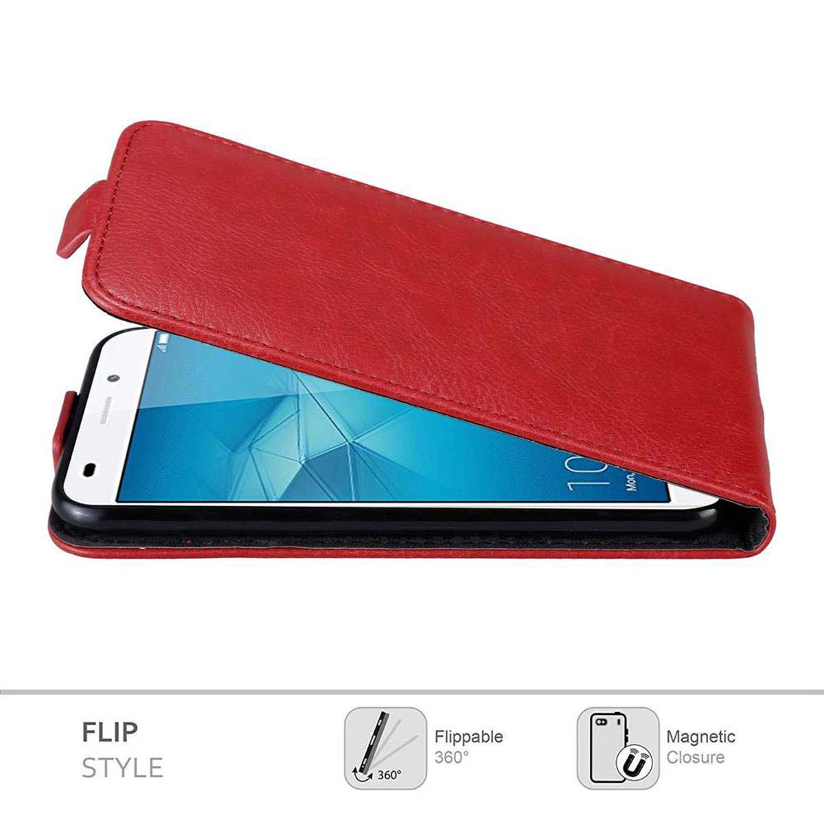 Rote Handyhülle, offen. Ein weißes Telefon ist darin. Weißer Hintergrund.