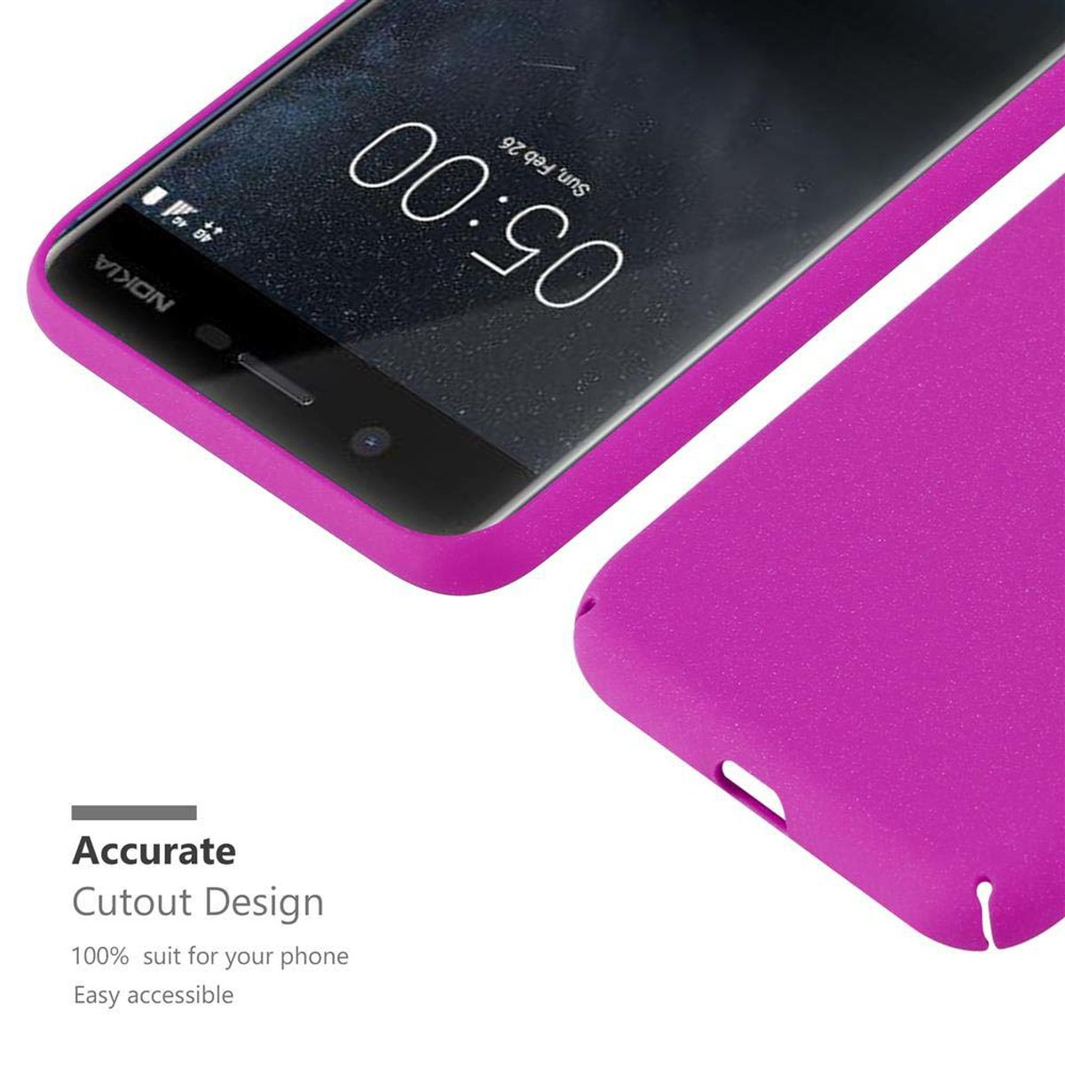 Eine lila Handyhülle mit einem Telefon. Der Bildschirm des Telefons ist eingeschaltet.