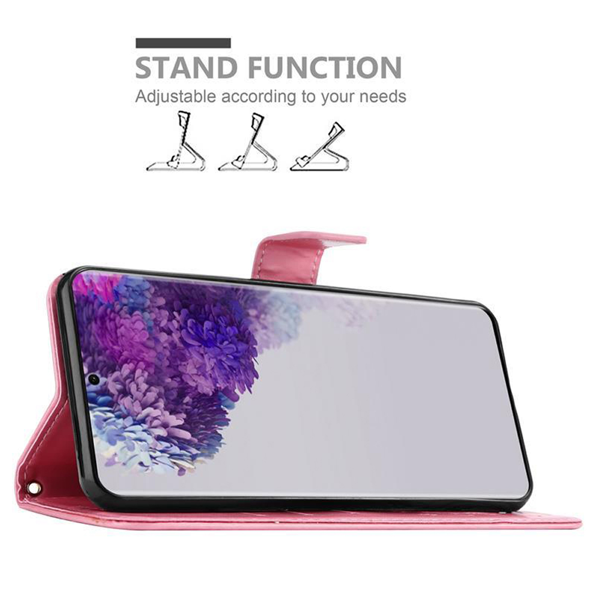 Geöffnete rosa Handyhülle mit Telefon. Die Hülle kann als Ständer verwendet werden.