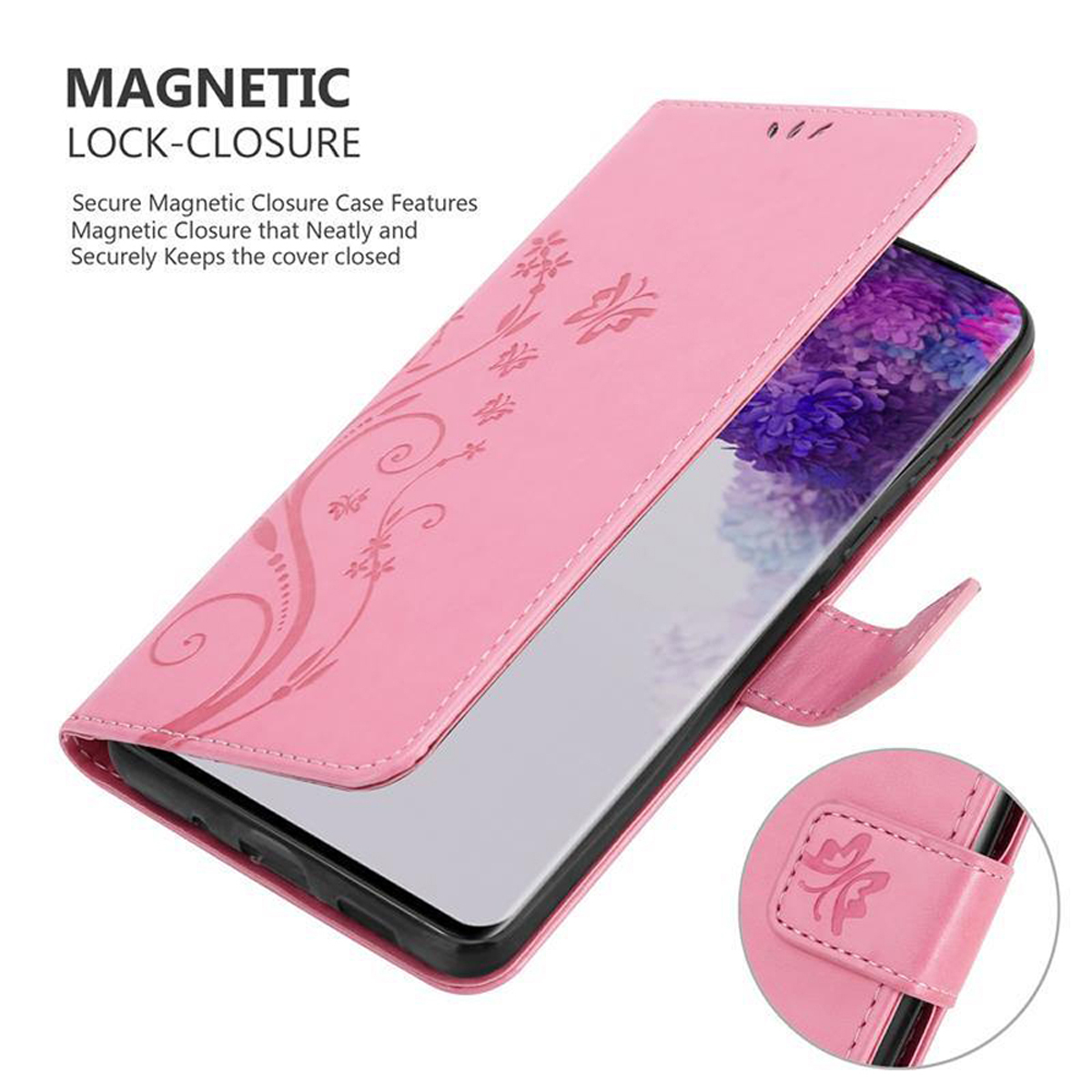 Offene rosa Handyhülle mit Telefon. Blumendesign auf dem Cover, mit Magnetverschluss.