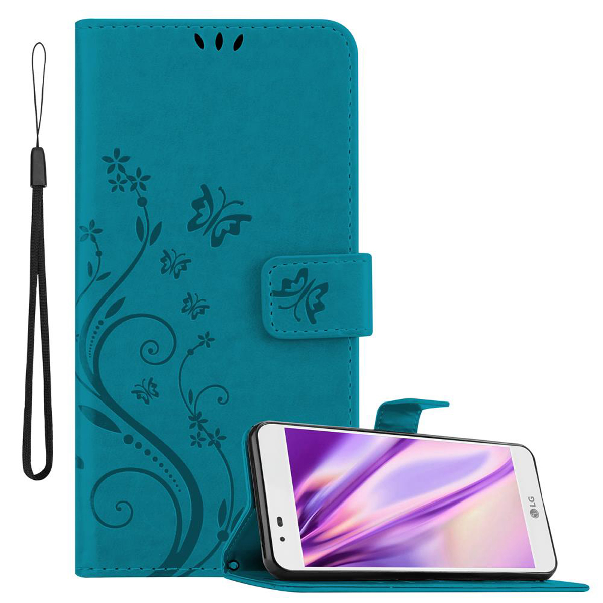Funda de teléfono turquesa con diseño floral. Hay un teléfono dentro. Una correa está a la izquierda.