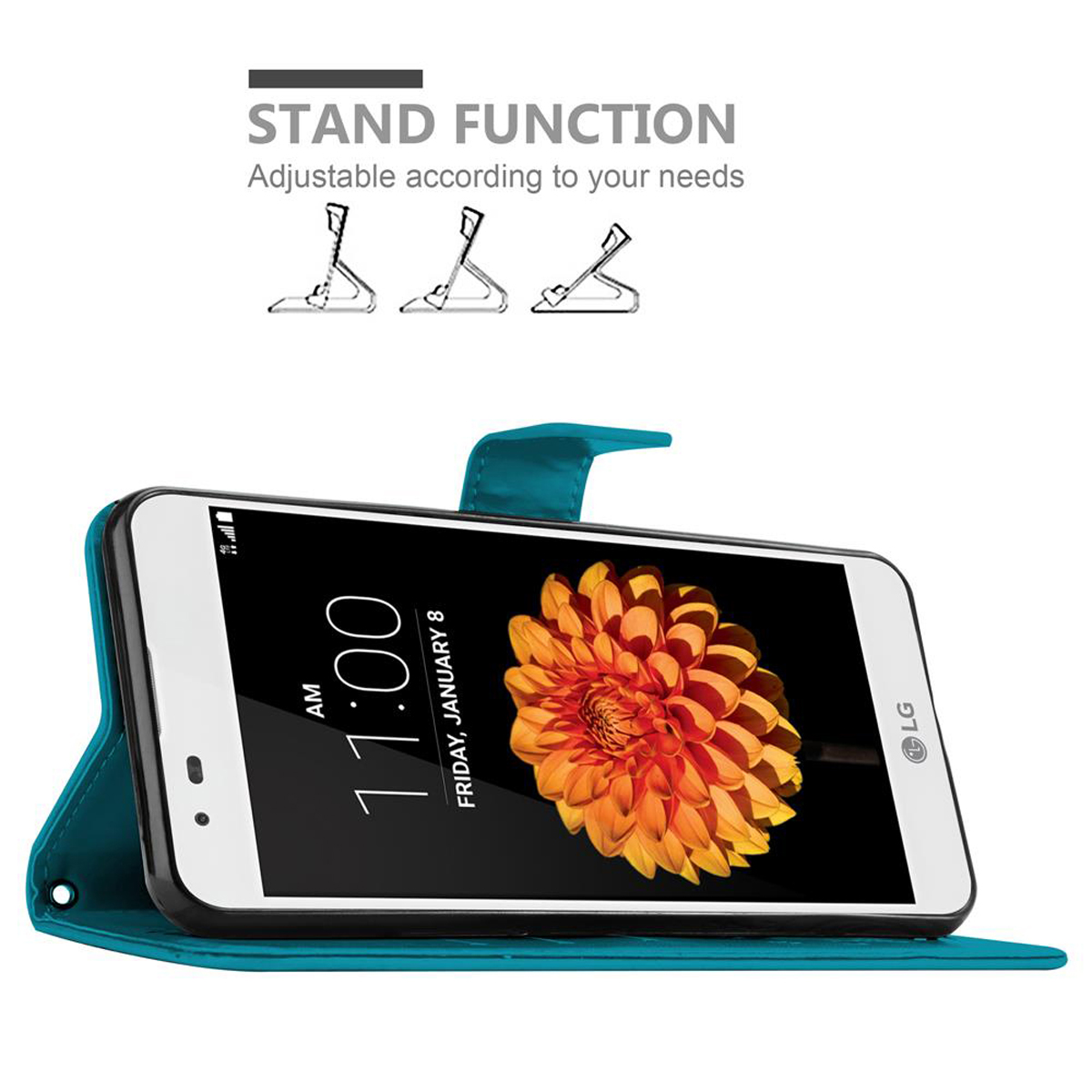 Teléfono en funda color turquesa, abierto con soporte. La pantalla muestra una flor. Función soporte activa.