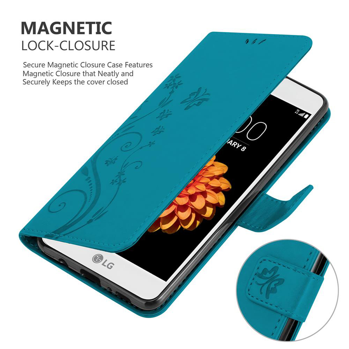 Funda de teléfono turquesa abierta, mostrando la pantalla del teléfono con una imagen de flor.