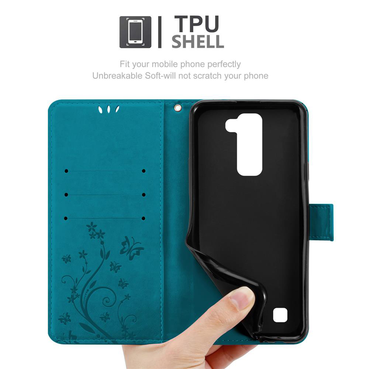 Funda de teléfono turquesa abierta, mostrando el interior negro. Mano sosteniendo una esquina. La carcasa es TPU.