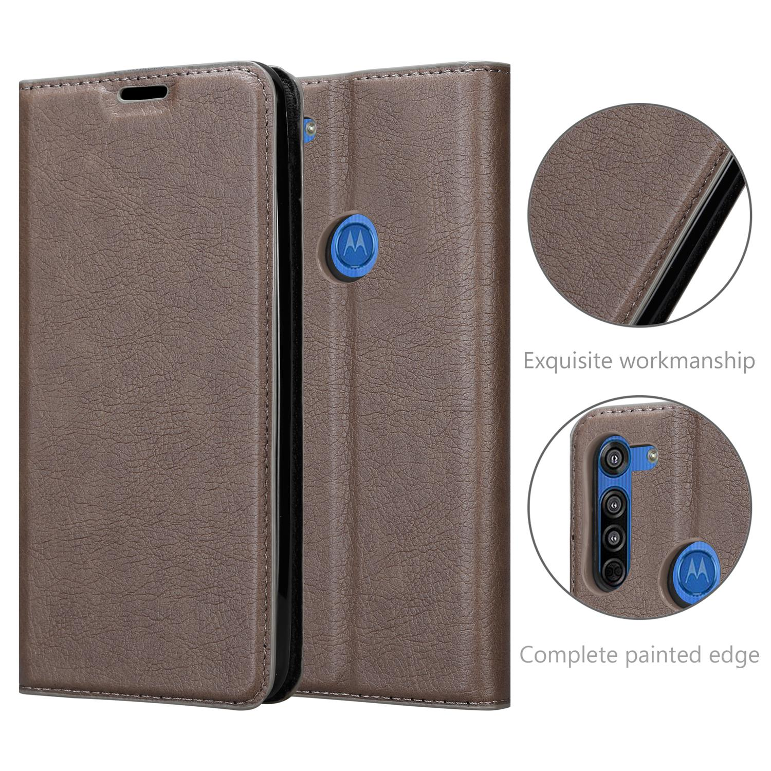 Braune Handyhülle mit Telefon, Details des Hüllendesigns.