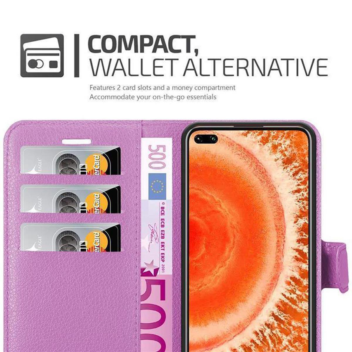 Custodia a portafoglio viola aperta, che mostra carte e denaro. Testo: Compatto, Alternativa al portafoglio.