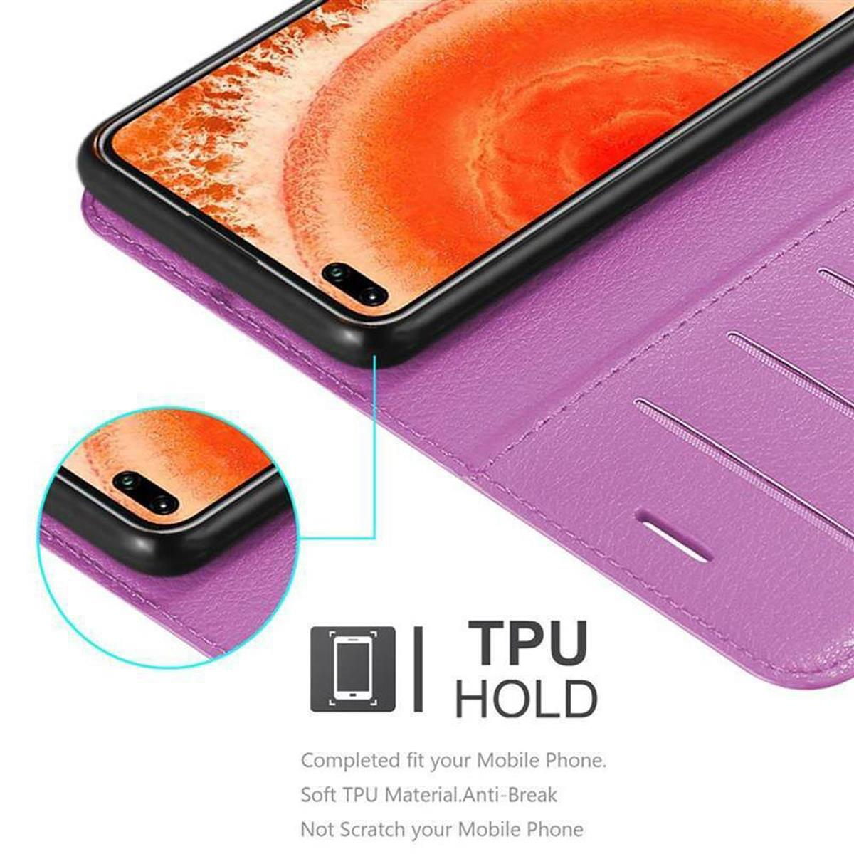 Custodia per telefono viola, aperta, con telefono. Il telefono è in una custodia viola su una superficie bianca.