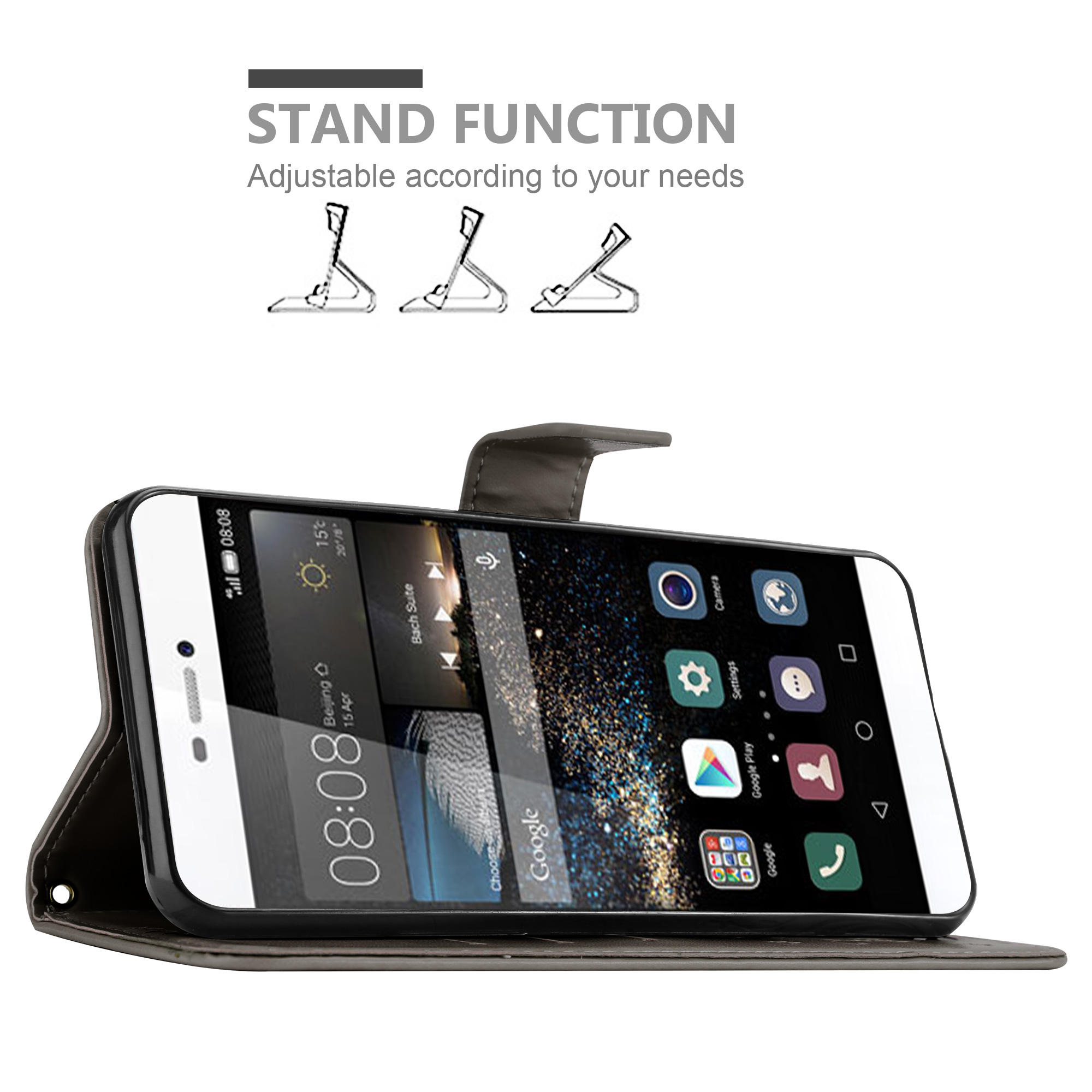 Telefono in uno stand. Testo: Funzione stand. Custodia per telefono in bianco e nero.