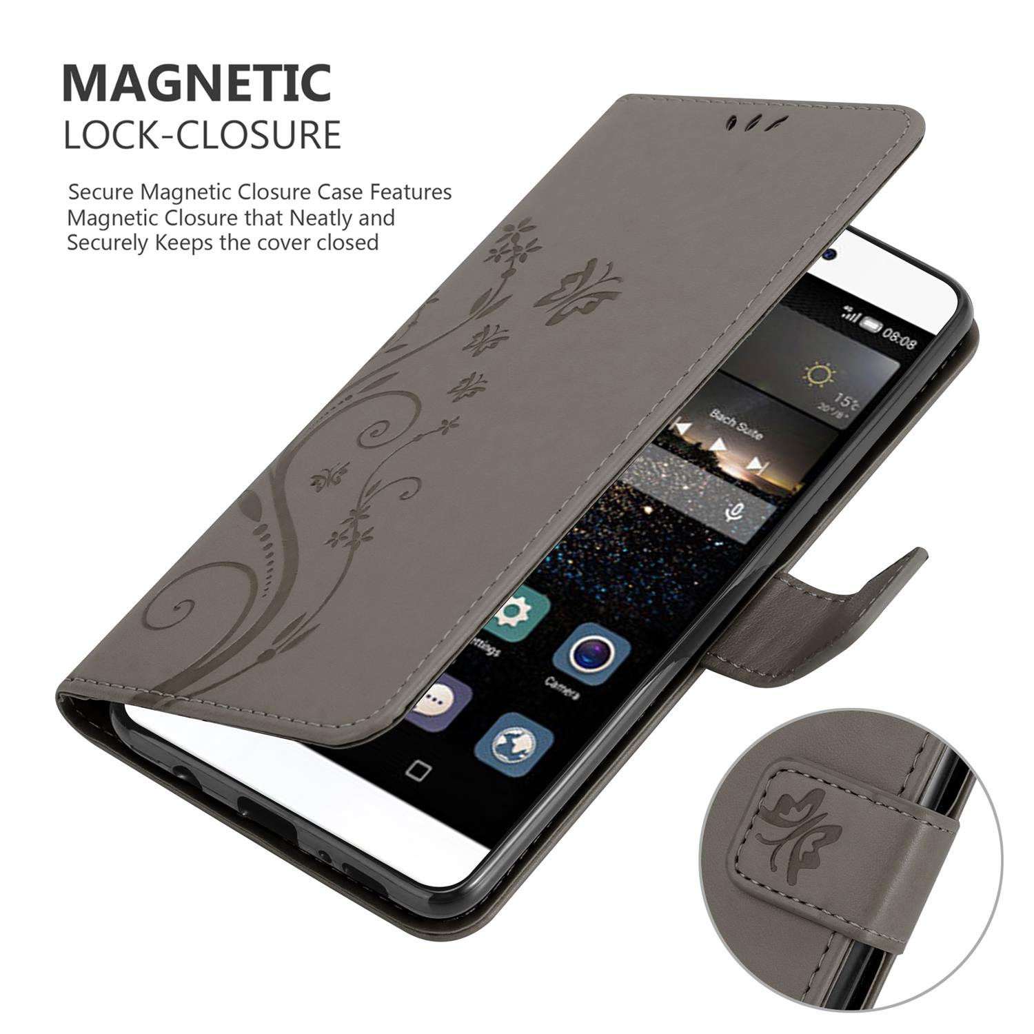Una custodia per telefono grigia aperta, che mostra un telefono che mostra uno schermo con icone.