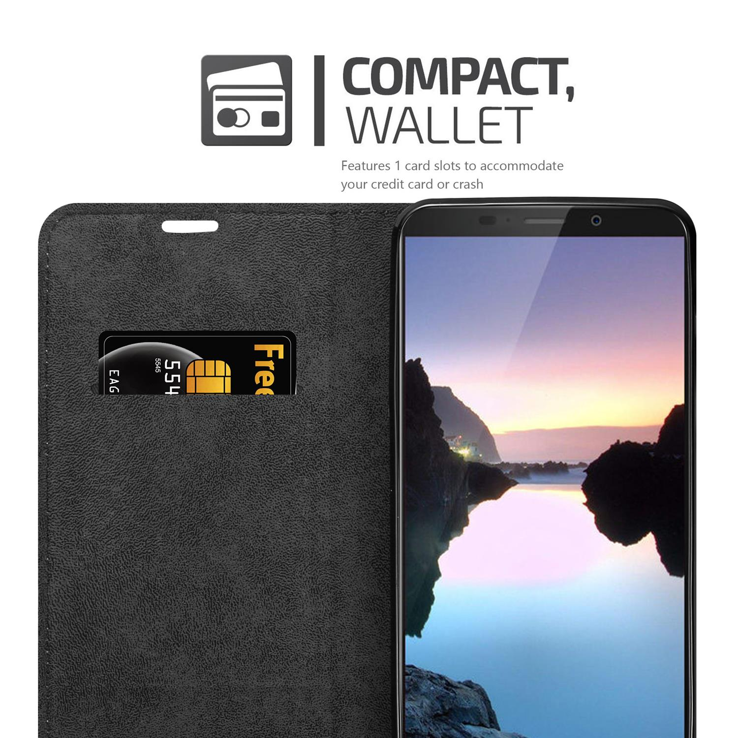 Custodia a portafoglio nera con telefono. Il portafoglio ha uno slot per schede. Il telefono mostra una scena del tramonto.