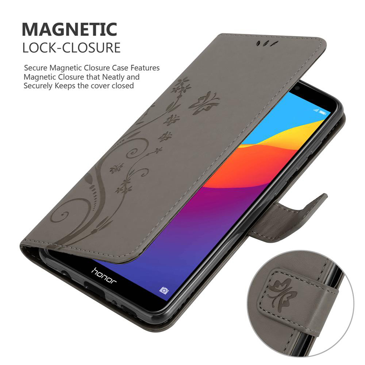 Custodia grigia per telefono, aperta, con un telefono all'interno. Testo: Chiusura magnetica.