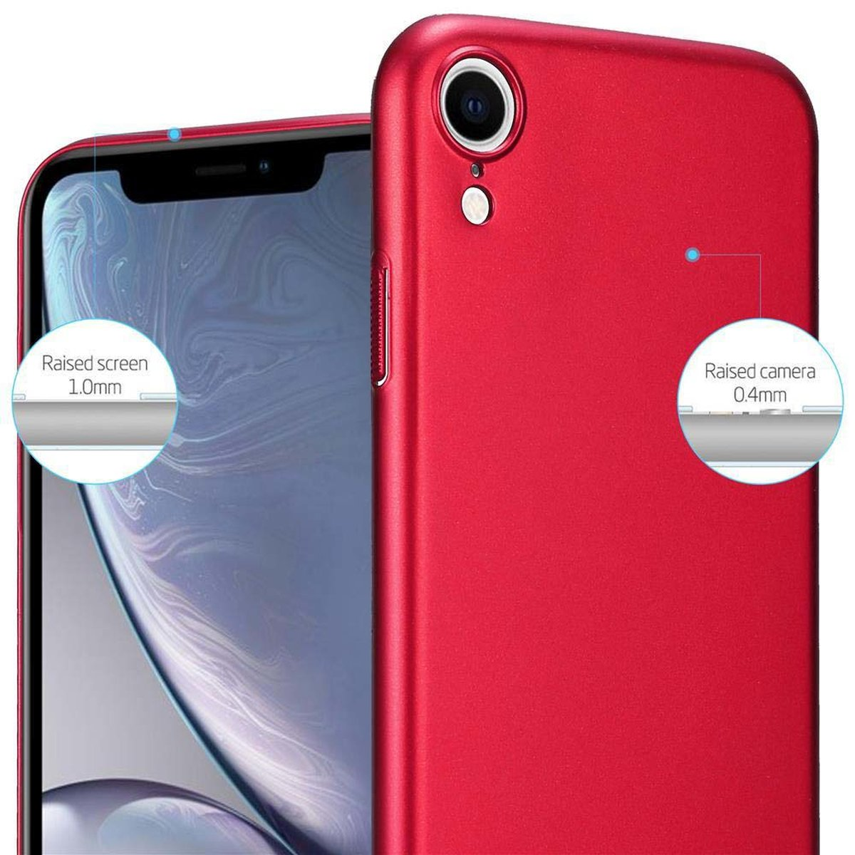 Custodia per telefono rossa con un telefono all'interno, protezione per fotocamera e schermo, sfondo bianco.