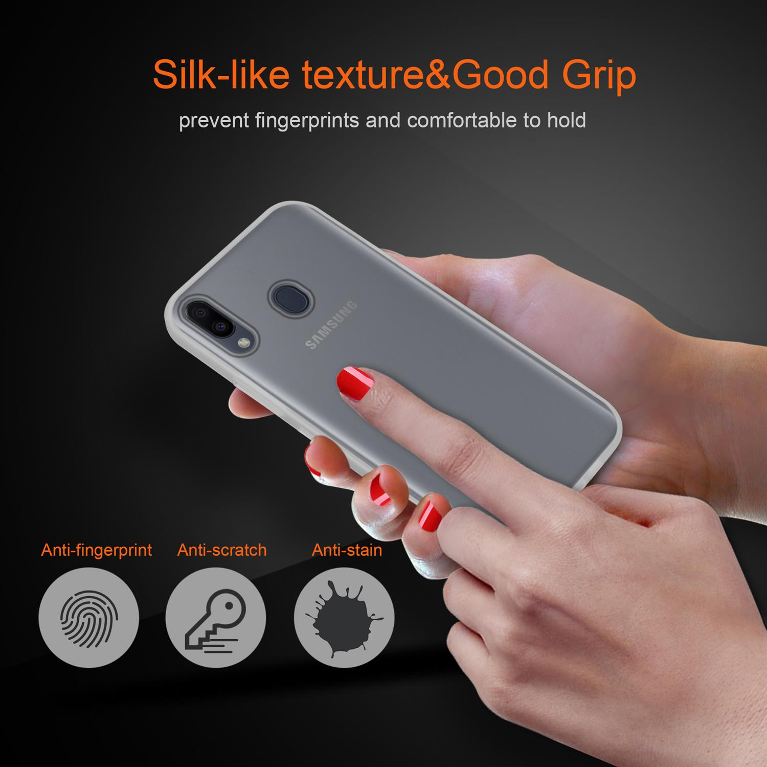 Hand hält eine transparente Handyhülle. Die Kamera des Telefons ist sichtbar. Anti-Fingerabdruck-Symbole.