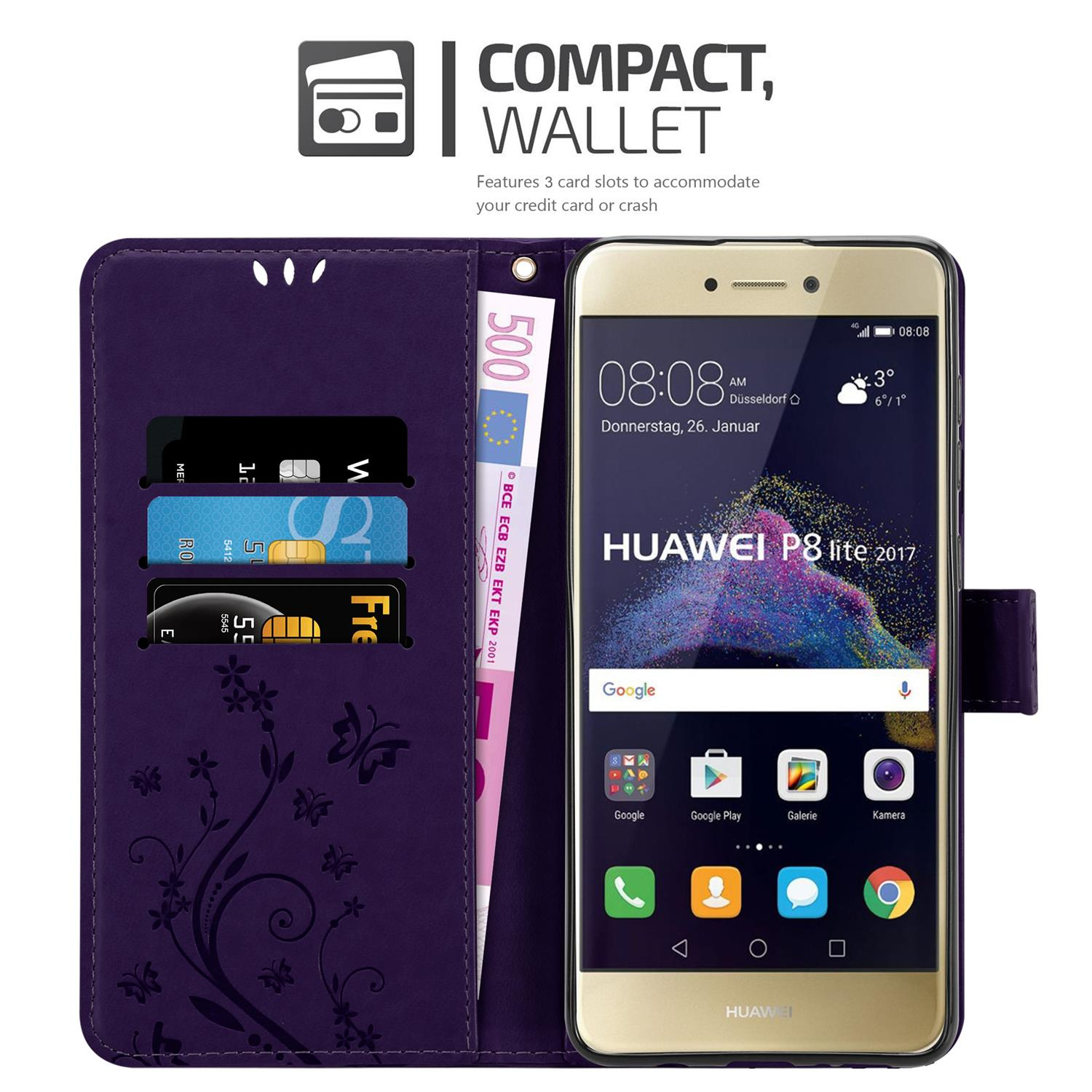 Custodia viola per telefono con telefono all'interno. Ha slot per carte e design floreale. Una banconota da 500 euro è visibile.