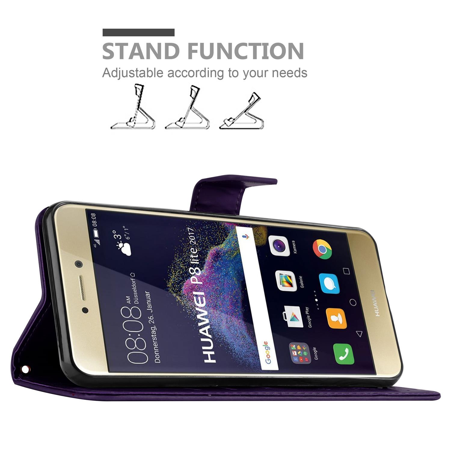 Custodia per telefono viola con funzione stand. Il telefono mostra l'ora e la data. La custodia è aperta.