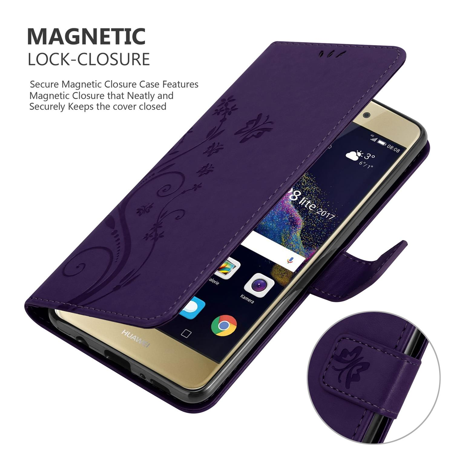 Custodia viola, aperta, mostra lo schermo del telefono. Design floreale, chiusura magnetica.