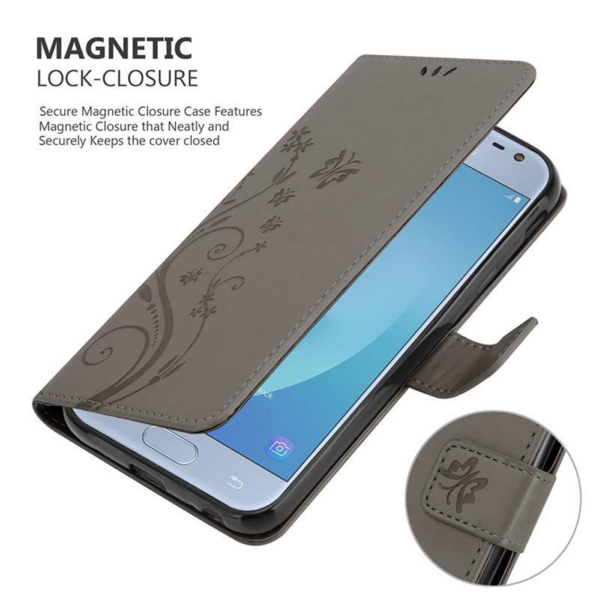 Custodia grigia con chiusura magnetica, aperta, che mostra un telefono.