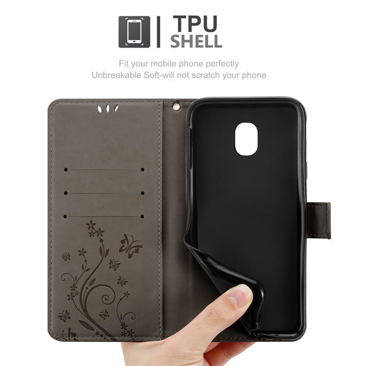 Custodia grigia con design floreale aperta, che rivela un telefono nero. Mano che lo tiene. Testo: TPU SHELL.
