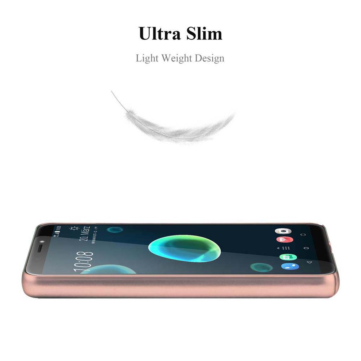 Telefono oro rosa su una superficie bianca. Una piuma fluttua sopra il telefono.