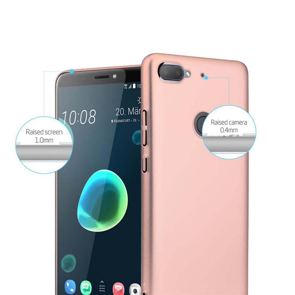 Custodia rosa per telefono. Lo schermo è visibile, con grafica blu e bianca. Schermo e fotocamera rialzati.