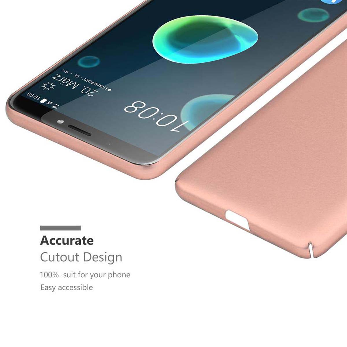Telefono con custodia oro rosa. Lo schermo mostra l'ora e il meteo. Il testo dice 'Accurate Cutout Design'.