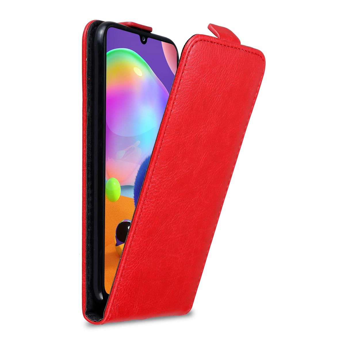 Custodia per telefono rossa con telefono. La custodia è aperta, rivelando lo schermo del telefono.