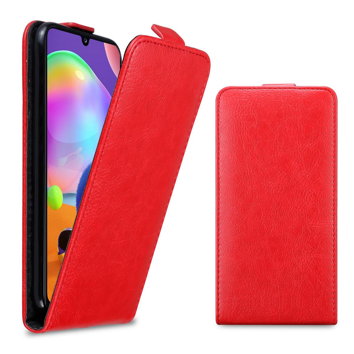 Custodia per telefono rossa con telefono all'interno. Una metà è aperta. Lo schermo e una carta sono visibili.