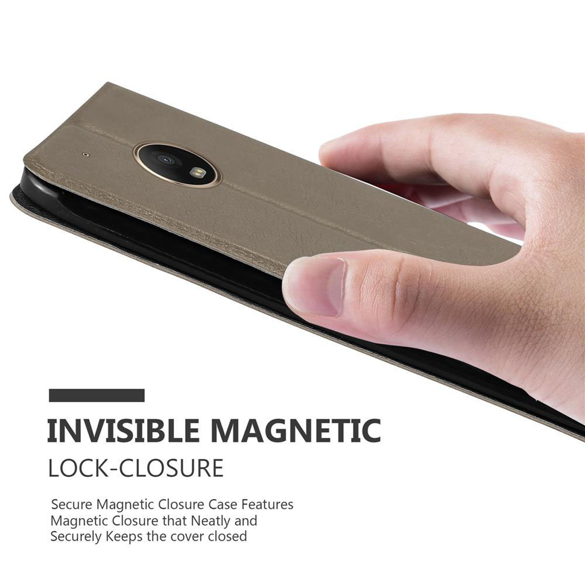 Mano che tiene un telefono dentro una custodia. Il testo dice 'Invisible Magnetic Lock-Closure'.